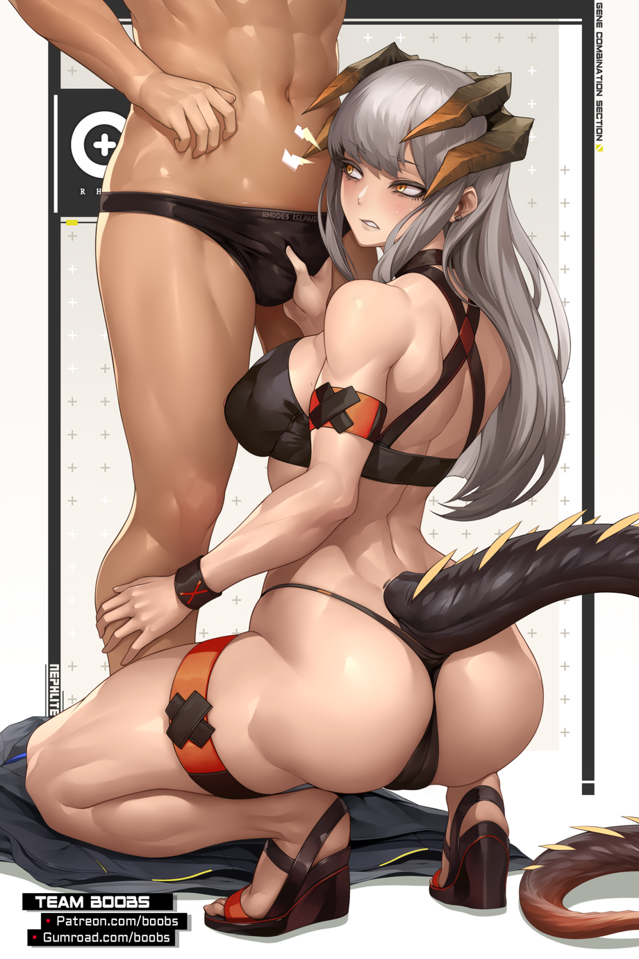 1boy 1girl arknights ass black_panties black_sports_bra black_underwear blush breasts bulge commentary english_commentary grey_hair highres horns large_breasts long_hair muscular muscular_female navel nephlite panties parted_lips saria_(arknights) solo_focus sports_bra squatting standing tail thigh_strap thighs underwear yellow_eyes