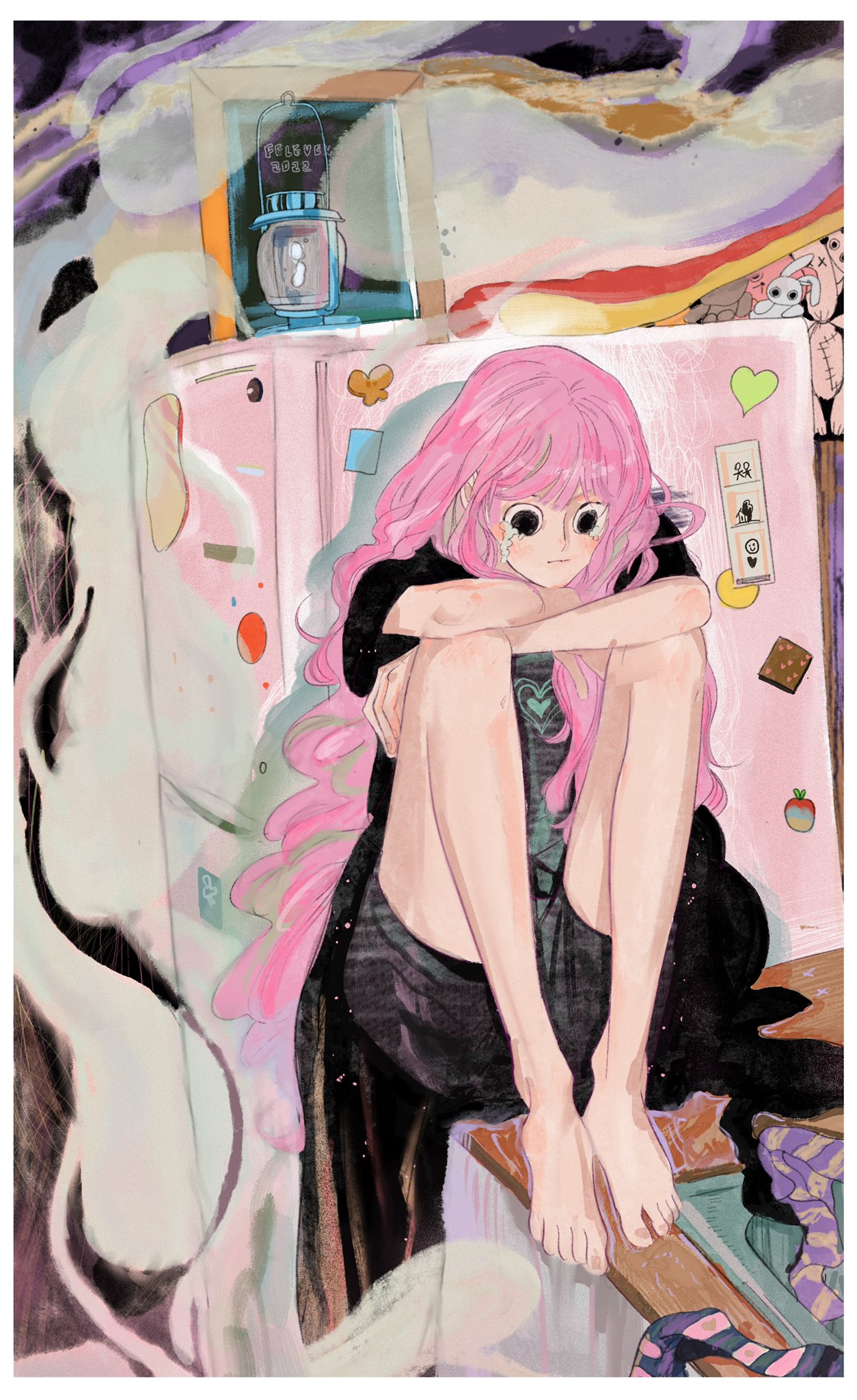 1girl abstract barefoot black_eyes black_shorts closed_mouth crying drill_hair feleven ghost highres long_hair looking_down magnet oil_lamp one_piece pantyhose perona pink_hair print_shirt refrigerator refrigerator_magnet shirt shorts sitting socks solo squatting striped striped_pantyhose stuffed_toy