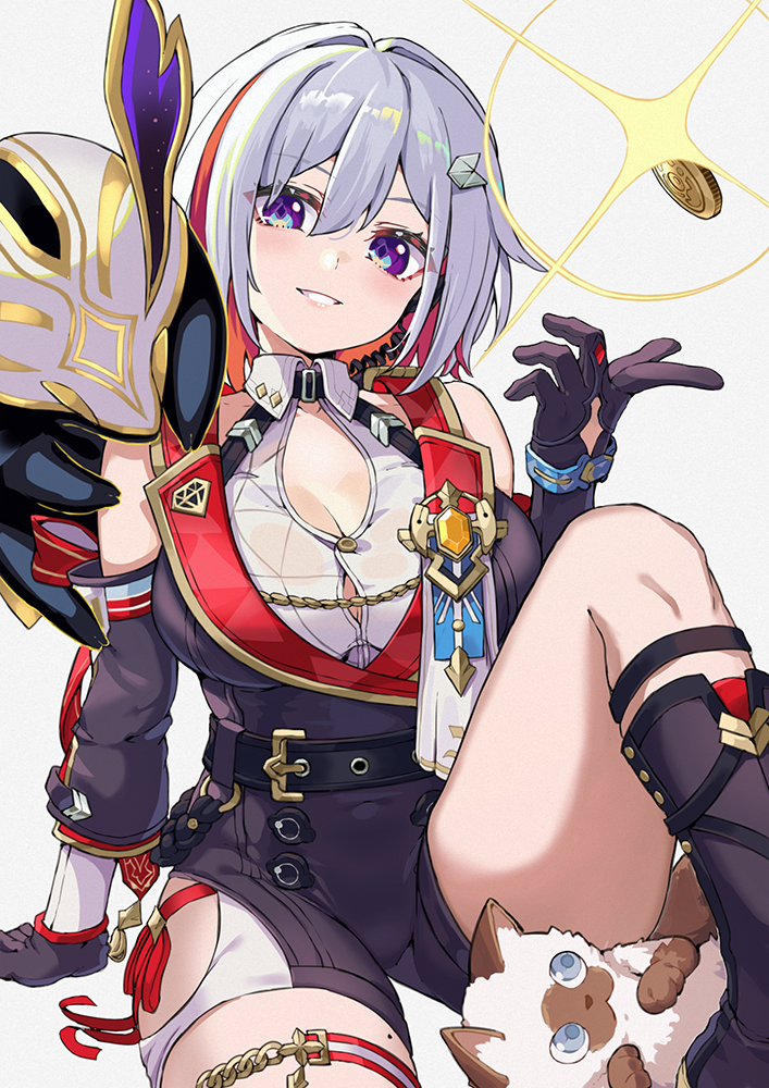 1girl bare_shoulders belt black_footwear black_gloves blue_eyes boots breasts cat cleavage clothing_cutout coin detached_sleeves gloves grey_background grey_hair hair_ornament haruken honkai:_star_rail honkai_(series) large_breasts looking_at_viewer multicolored_hair numby_(honkai:_star_rail) red_hair simple_background sitting sparkle streaked_hair thigh_strap topaz_(honkai:_star_rail)
