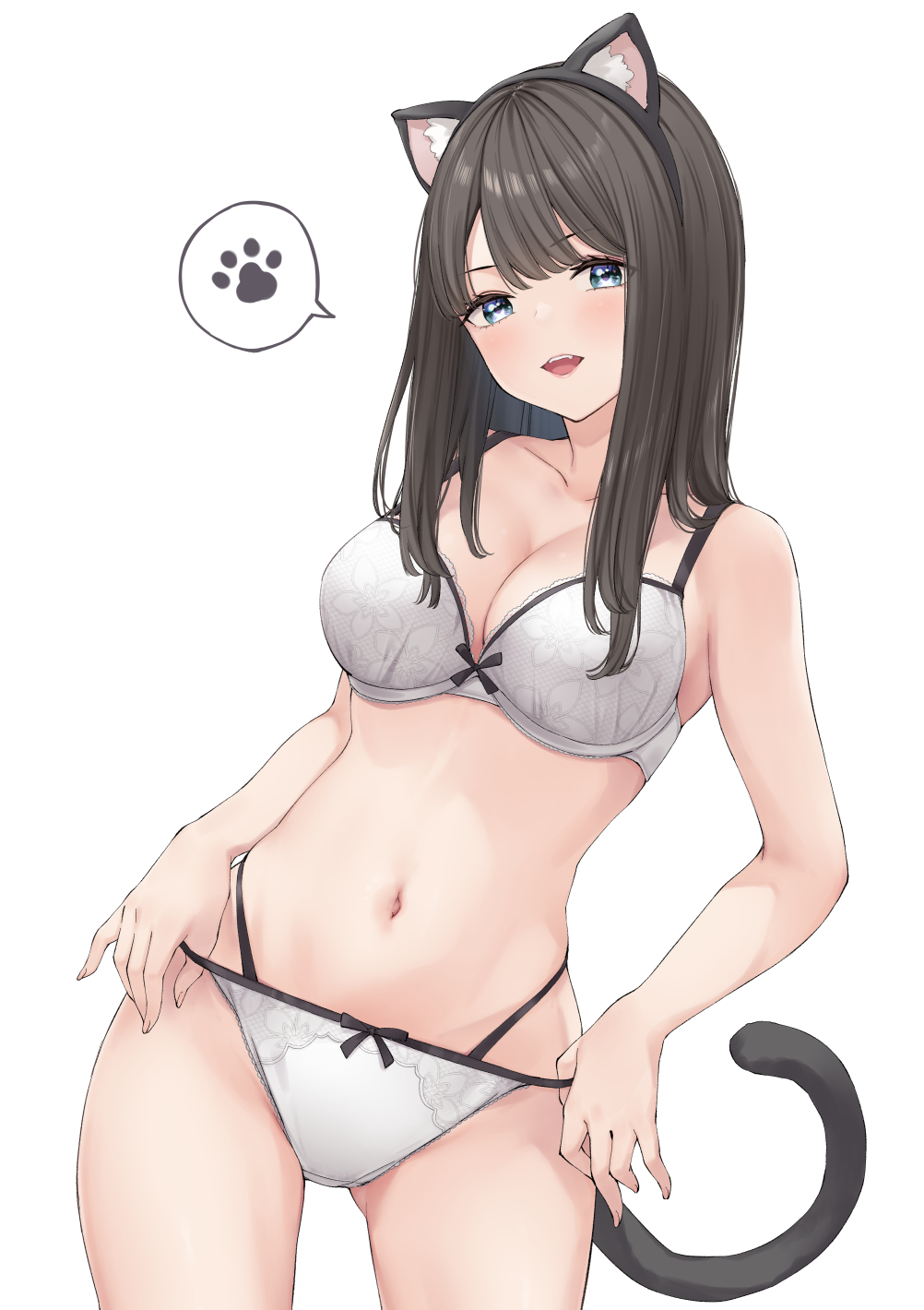 1girl adjusting_clothes adjusting_panties animal_ear_headwear animal_ears blue_eyes bow bow_bra bow_panties bra breasts brown_hair cat_ear_hairband cat_ears cat_tail cleavage collarbone commentary cowboy_shot diamond_mouth fake_animal_ears fang highres large_breasts long_hair looking_at_viewer navel open_mouth original panties simple_background solo speech_bubble spoken_paw stomach symbol-only_commentary tail teeth underwear upper_teeth_only white_background white_bra wing_(aiastor)