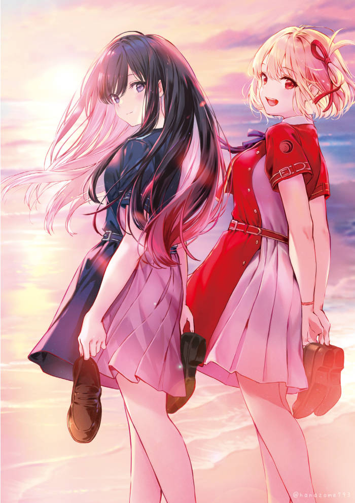2girls :d beach belt black_hair blonde_hair blue_belt blue_dress blue_ribbon breasts brown_footwear closed_mouth collared_shirt commentary_request dress feet_out_of_frame floating_hair grey_dress hair_between_eyes hair_ribbon holding holding_shoes inoue_takina loafers long_hair looking_at_viewer lycoris_recoil lycoris_uniform medium_breasts multiple_girls neck_ribbon nishikigi_chisato ocean one_side_up open_mouth outdoors pierorabu pleated_dress purple_eyes red_belt red_dress red_eyes red_ribbon ribbon shirt shoes short_hair short_sleeves sidelocks sky small_breasts smile sunset teeth upper_teeth_only white_shirt