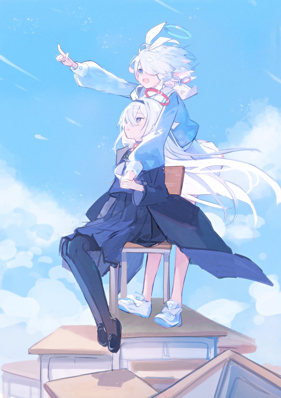 2girls a.r.o.n.a_(blue_archive) arona_(blue_archive) behind_another black_choker black_coat black_hairband black_pantyhose black_serafuku black_skirt blue_archive blue_eyes blue_hair blue_serafuku blue_sky braid chair choker cloud cloudy_sky coat colored_inner_hair day desk dual_persona floating_hair grey_eyes hair_over_one_eye hair_ribbon hairband halo highres holding_hands light_blue_hair loafers long_hair long_skirt long_sleeves looking_up multicolored_hair multiple_girls nuudoru on_chair open_mouth outdoors pantyhose parted_lips pile pink_hair pleated_skirt pointing pointing_up puffy_long_sleeves puffy_sleeves ribbon school_chair school_desk school_uniform serafuku shoes short_hair side_braid sitting skirt sky smile sneakers standing white_ribbon white_skirt wind