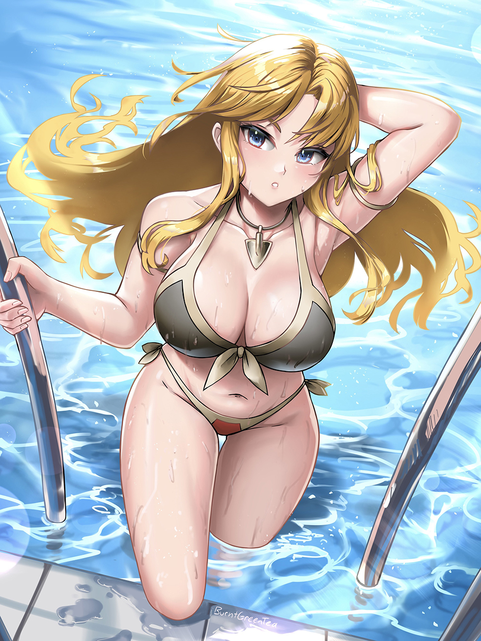 1girl alternate_costume arm_behind_back bikini blonde_hair blue_eyes breasts burnt_green_tea clarisse_(fire_emblem) fire_emblem fire_emblem:_new_mystery_of_the_emblem handrail highres jewelry large_breasts long_hair looking_at_viewer navel necklace parted_bangs parted_lips pool solo swimsuit wet