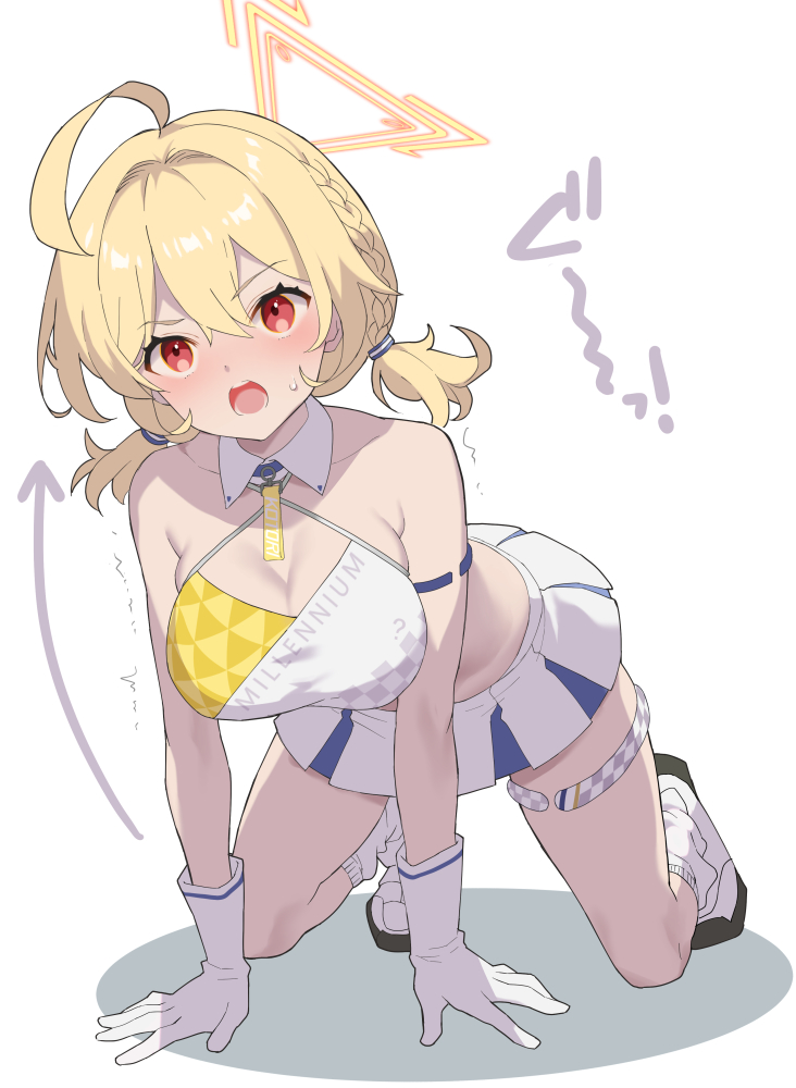 1girl ahoge all_fours ariko_youichi bare_shoulders blonde_hair blue_archive blush breasts cheerleader cleavage commentary_request crop_top full_body gloves halo kotori_(blue_archive) kotori_(cheer_squad)_(blue_archive) medium_breasts millennium_cheerleader_outfit_(blue_archive) open_mouth red_eyes simple_background skirt solo sweat trembling twintails white_background white_footwear white_gloves white_skirt yellow_halo