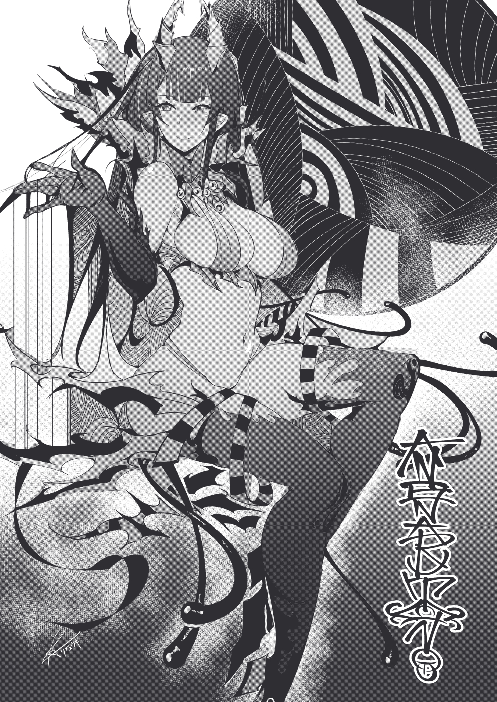 1girl ane_naru_mono black_eyes black_gloves black_hair breasts chiyo_(ane_naru_mono) cleavage elbow_gloves gloves goat_horns greyscale highres horns large_breasts long_hair looking_to_the_side monochrome pointy_ears rib:y(uhki) sitting smile solo tentacles