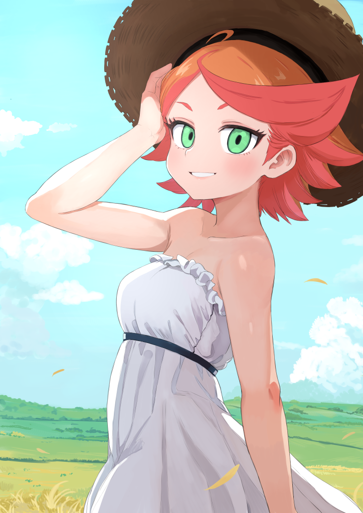 1girl amanda_o'neill cloud day domdom dress green_eyes hat little_witch_academia medium_hair orange_hair outdoors red_hair sky solo strapless strapless_dress straw_hat white_dress
