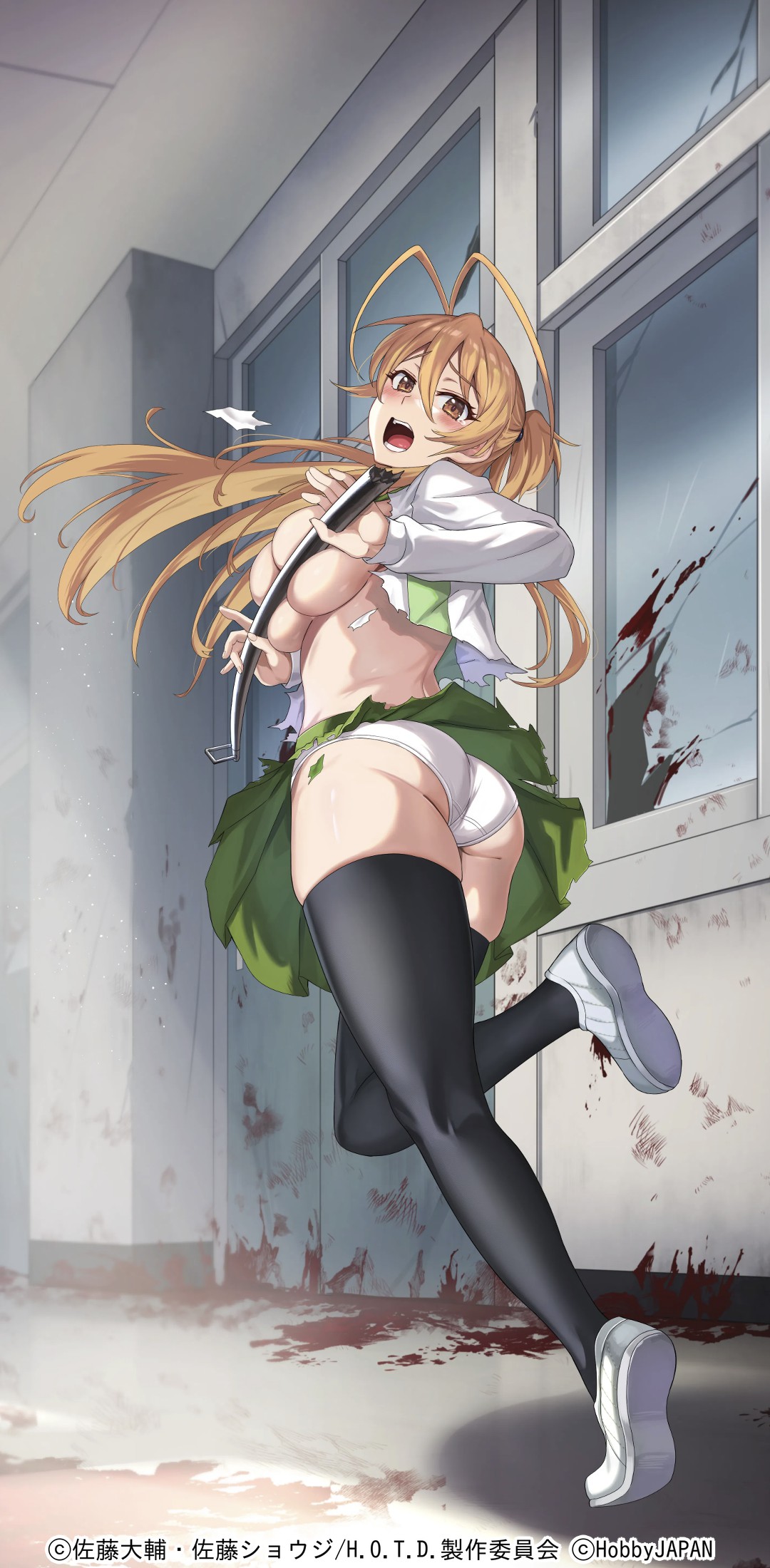 1girl ass black_thighhighs blood blush breasts brown_eyes brown_hair copyright_notice from_behind full_body green_skirt highres highschool_of_the_dead holding holding_weapon indoors large_breasts long_hair long_sleeves miniskirt miyamoto_rei no_bra official_art open_mouth panties queen's_blade queen's_blade_limit_break school school_uniform shirt skirt solo teeth thighhighs torn_clothes underwear weapon white_footwear white_panties white_shirt window