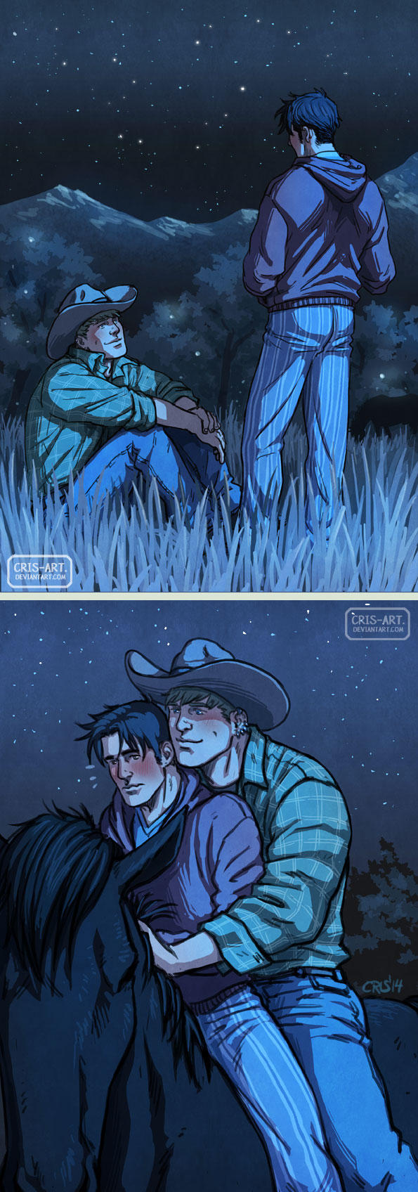 2boys alternate_costume alternate_universe bara black_hair blonde_hair collared_shirt couple cowboy_hat cowboy_western cris_art denim fanfic feet_out_of_frame flying_sweatdrops grass hat heads_together highres horseback_riding hug hug_from_behind hulkling jeans knees_up long_sideburns looking_at_another male_focus marvel multiple_boys multiple_riders pants riding shirt short_hair shy sideburns sky smile standing star_(sky) starry_sky striped striped_pants thick_eyebrows wavy_mouth wiccan yaoi