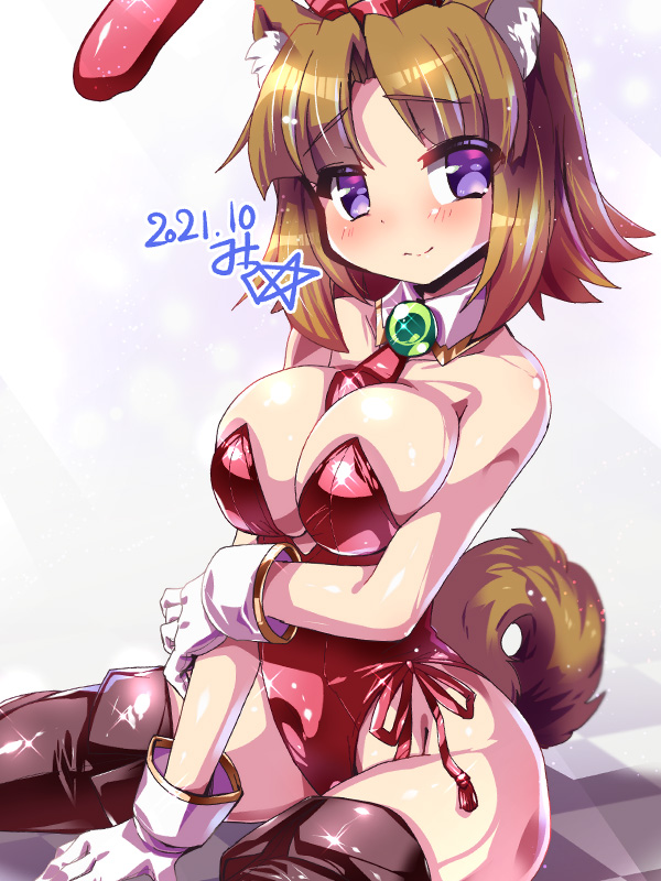 1girl animal_ear_fluff animal_ears arcana_heart arcana_heart_2 bare_shoulders between_breasts blush boots breast_hold breasts breasts_squeezed_together brown_hair cleavage dated detached_collar dog_ears dog_girl dog_tail extra_ears gloves highleg highleg_leotard inuwaka_nazuna large_breasts leotard looking_at_viewer medium_hair miuku_(marine_sapphire) necktie necktie_between_breasts on_floor playboy_bunny purple_eyes rabbit_ears red_necktie side-tie_costume signature sitting solo tail thigh_boots white_gloves