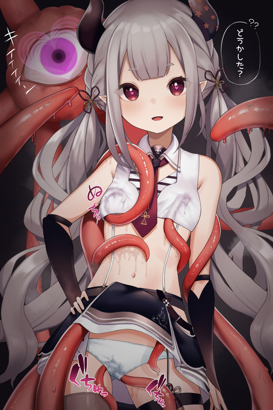 1girl ? ?? bare_shoulders black_skirt covered_nipples detached_sleeves emor18_shikeko flat_chest grey_hair heart heart-shaped_pupils highres horns long_hair looking_at_viewer midriff monster naraka_(nijisanji) navel necktie nijisanji nipple_tweak open_mouth panties pointy_ears purple_eyes skirt slimy speech_bubble symbol-shaped_pupils tentacles tentacles_under_clothes thighhighs thighlet translation_request twintails underwear virtual_youtuber white_panties