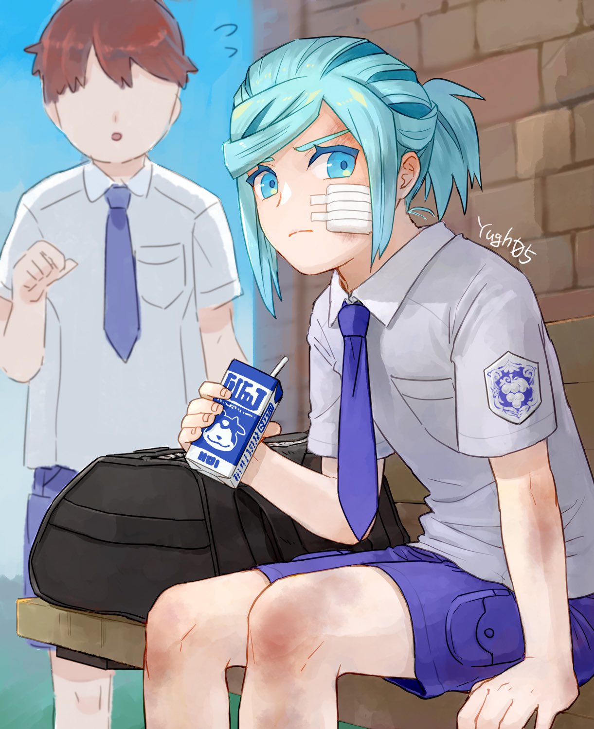 2boys aqua_eyes arm_support bag_removed bandaid bandaid_on_face bench closed_mouth commentary_request day drinking_straw eyelashes green_hair grey_shirt grusha_(pokemon) highres holding knees logo looking_at_viewer male_focus milk_carton multiple_boys necktie outdoors pokemon pokemon_(game) pokemon_sv purple_necktie purple_shorts school_uniform shirt short_sleeves shorts sitting yuu_(hguy_sv)