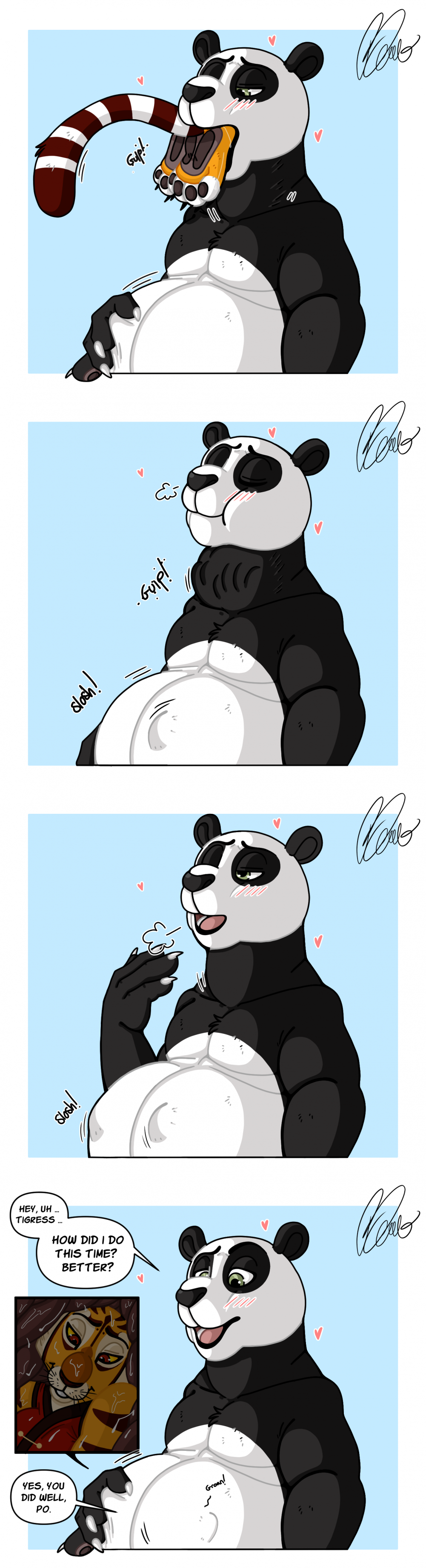&lt;3 2023 abdominal_bulge absurd_res anthro artistawesome bear belly big_belly blush blush_lines breath chubby_anthro chubby_male claws clothed clothing comic comic_panel dialogue dreamworks duo eyes_closed felid female fur giant_panda half-closed_eyes hand_on_stomach hi_res internal kung_fu_panda male mammal markings master_po_ping master_tigress narrowed_eyes neck_bulge oral_vore overweight overweight_anthro overweight_male pantherine paws shirtless shirtless_anthro shirtless_male signature slightly_chubby slosh soft_vore sound_effects speech_bubble striped_markings striped_tail stripes swallowing tail tail_markings text tiger toe_claws topless topless_anthro topless_male vore