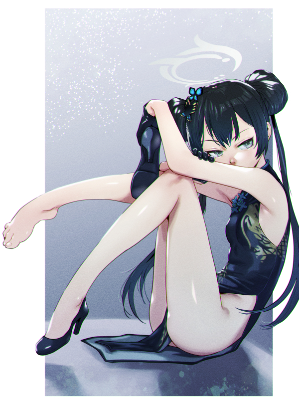 1girl bare_arms bare_legs black_hair blue_archive breasts butterfly_hair_ornament chinese_clothes commission double_bun dragon_print dress grey_eyes hair_bun hair_ornament kisaki_(blue_archive) long_hair no_panties pelvic_curtain pixiv_commission side_slit sitting sleeveless sleeveless_dress small_breasts solo soon_(c-u-soon) twintails