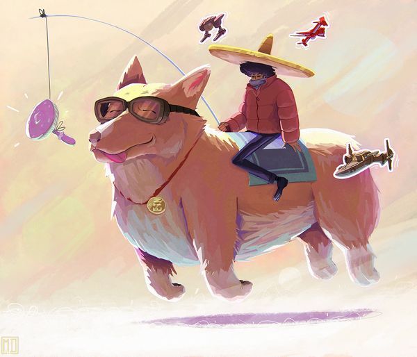 canid canine canis clothing cowboy_bebop domestic_dog duo ein_(cowboy_bebop) eyewear goggles hat headgear headwear herding_dog human jacket male mammal mathias_demongeot pastoral_dog red_clothing red_jacket red_topwear shadow size_difference sombrero spacecraft spike_spiegel topwear vehicle welsh_corgi