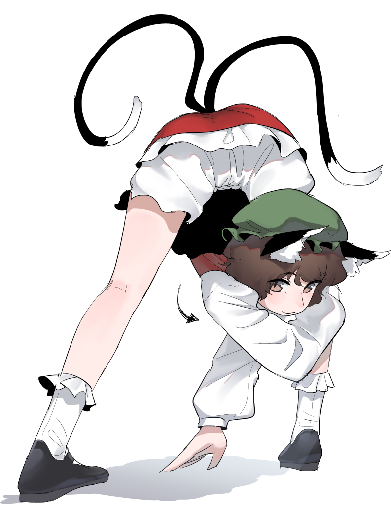 1girl animal_ear_fluff animal_ears arm_support arrow_(symbol) bloomers bobby_socks brown_eyes brown_hair cat_ears cat_tail chen closed_mouth commentary_request contortion flexible frogsnake from_behind full_body hat light_blush light_smile long_sleeves looking_at_viewer mob_cap multiple_tails nekomata petticoat puffy_long_sleeves puffy_sleeves red_skirt red_vest shadow short_hair skirt socks solo tail touhou twisted_torso two_tails underwear upskirt vest