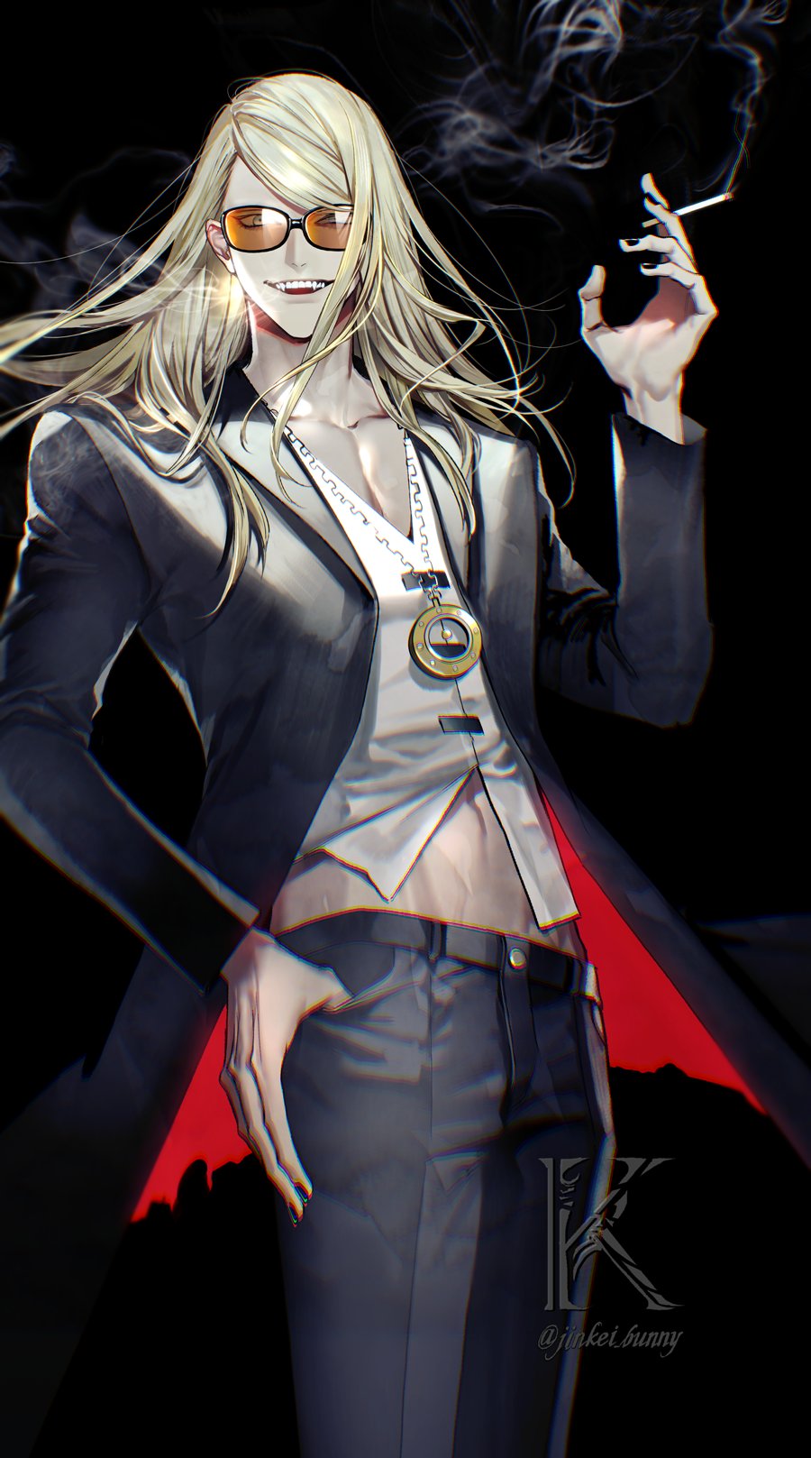 1boy artist_name black_gloves black_jacket black_nails black_pants blonde_hair chromatic_aberration cigarette fang fate/grand_order fate_(series) gloves hand_in_pocket highres holding holding_cigarette jacket koshika_rina long_hair looking_at_viewer male_focus nail_polish open_mouth orange-tinted_eyewear pants pectorals shirt simple_background smile smoke solo standing sunglasses teeth tezcatlipoca_(fate) tinted_eyewear upper_teeth_only white_shirt