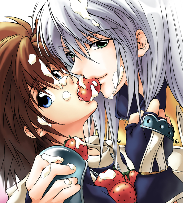 2boys black_gloves blue_eyes brown_hair chain_necklace commentary cover cover_page cream doujin_cover eating eguana english_commentary fingerless_gloves food food_in_mouth food_on_face fruit gloves gradient_background green_eyes grey_hair hand_on_another's_shoulder high_collar holding_another's_hair hood hood_down hug jewelry kingdom_hearts kingdom_hearts_ii light_smile male_focus medium_hair multiple_boys necklace parted_lips riku_(kingdom_hearts) sexually_suggestive simple_background smile sora_(kingdom_hearts) strawberry white_hair yaoi
