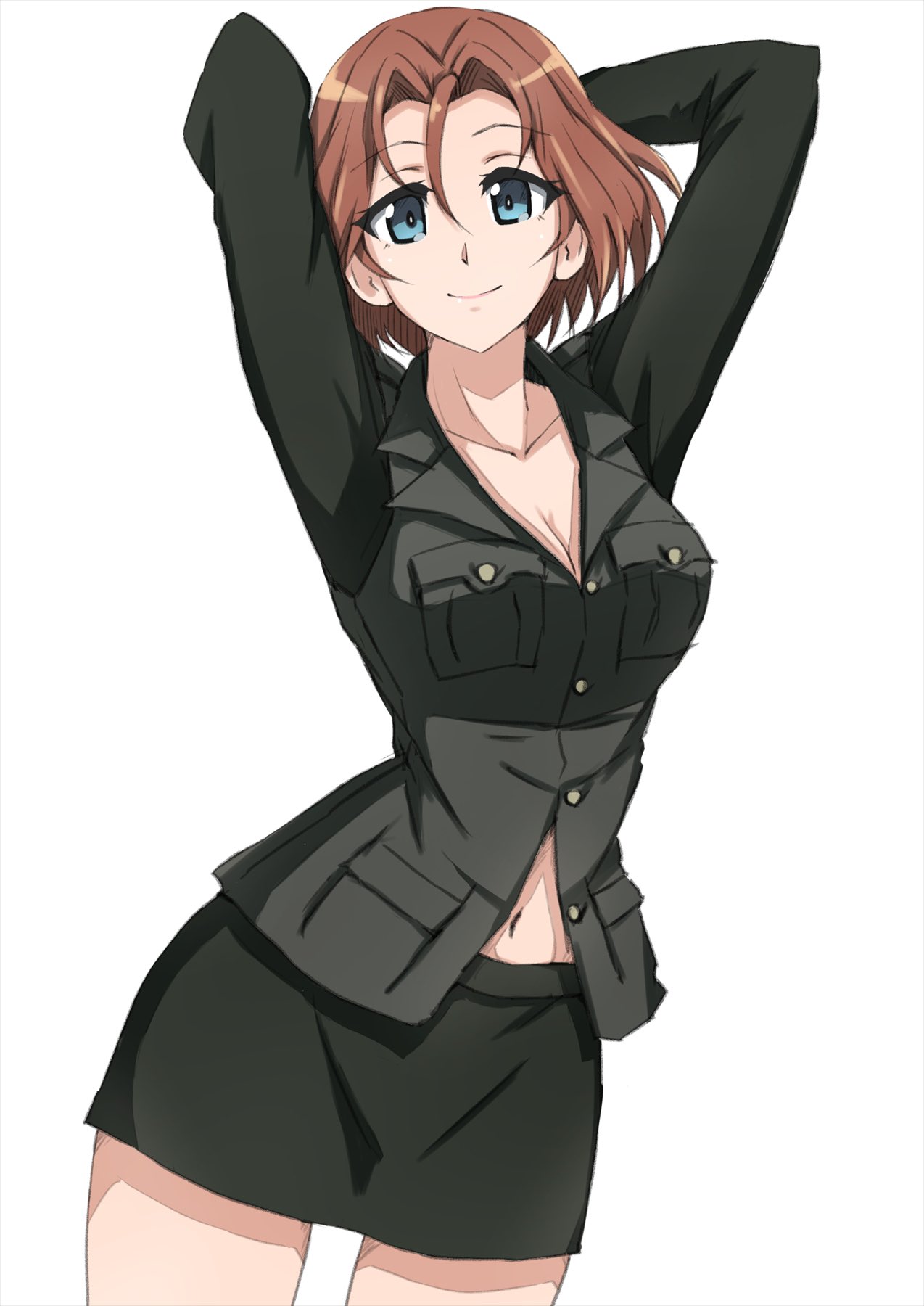 1girl azumi_(girls_und_panzer) blue_eyes blush breasts brown_hair cleavage closed_mouth collarbone girls_und_panzer green_skirt highres large_breasts looking_at_viewer military_uniform miniskirt navel omachi_(slabco) selection_university_military_uniform short_hair simple_background skirt smile solo uniform white_background