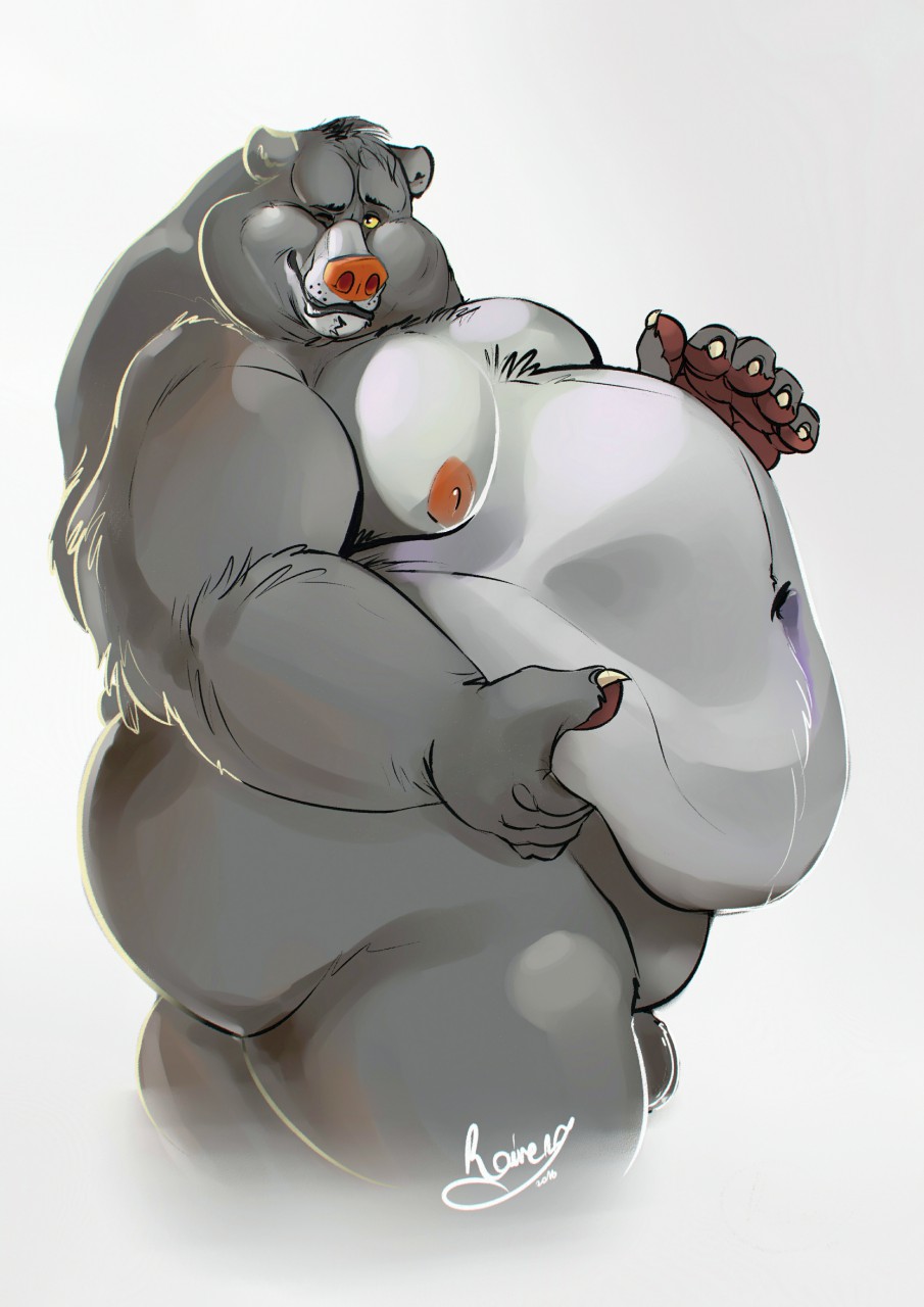 2016 anthro balls baloo bear belly belly_grab big_belly big_butt butt claws fur genitals head_turned hi_res looking_at_viewer male mammal moobs mouth_closed navel nipples nude obese obese_anthro obese_male one_eye_closed overweight overweight_anthro overweight_male raivenderouthelion_(artist) side_view signature smile solo standing the_jungle_book wink