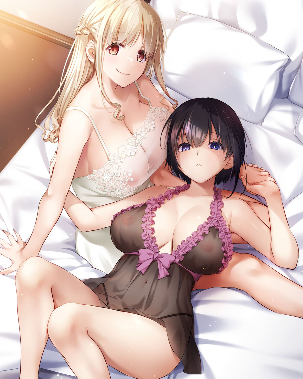 2girls bare_shoulders bed_sheet black_dress black_hair blonde_hair blue_eyes braid breasts breasts_apart cleavage closed_mouth commentary_request covered_navel covered_nipples crown_braid dress frown highres holding_hands knees_up large_breasts lingerie long_hair looking_at_viewer looking_up lying multiple_girls nakajima_yuka on_back on_bed orange_eyes original pillow short_hair sleepwear smile underwear white_dress