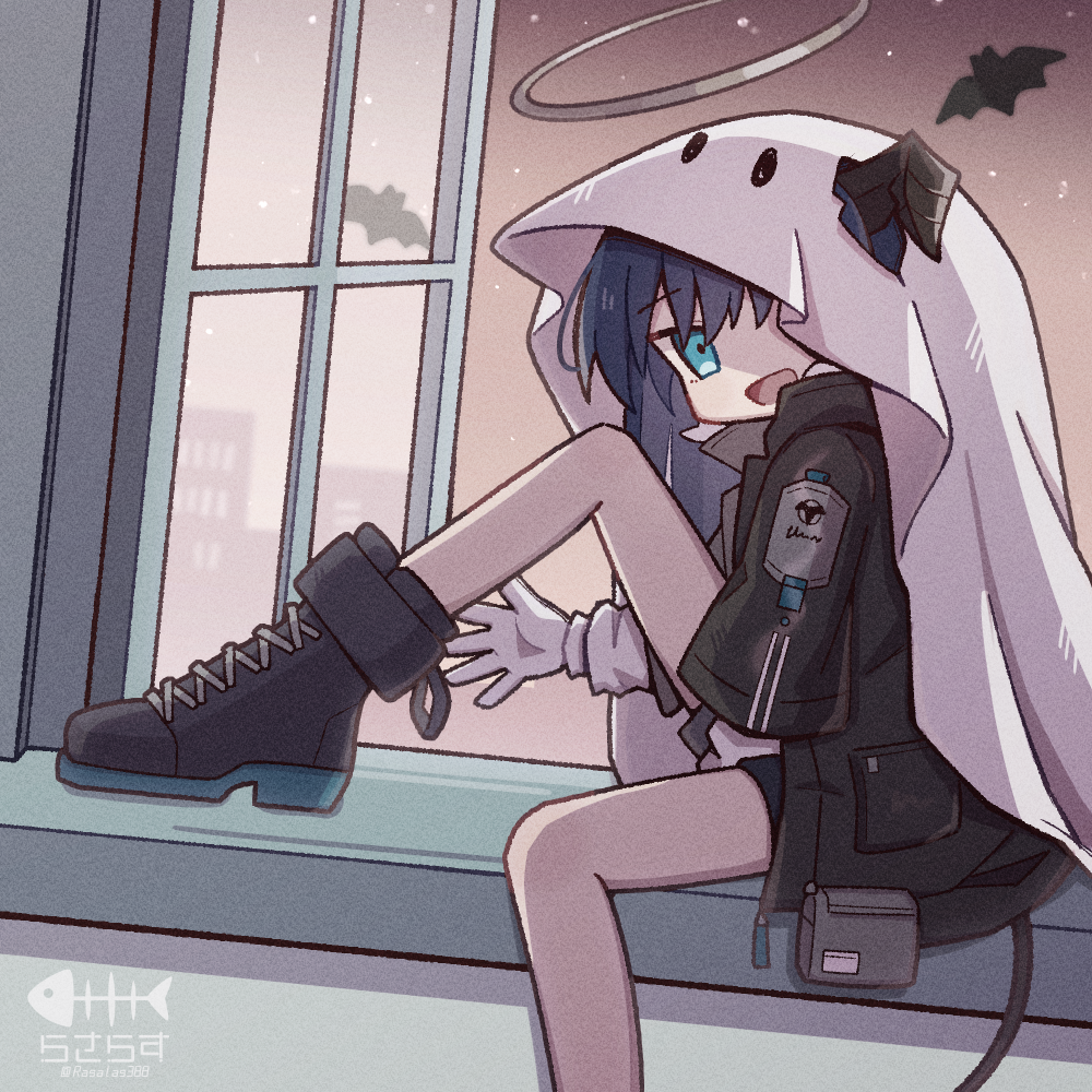 1girl :d arknights bat_(animal) black_hair black_shorts blue_eyes blue_hair boots cross-laced_footwear demon_horns demon_tail foot_out_of_frame from_side ghost_costume gloves halo horns horns_through_hood jacket long_sleeves looking_at_viewer mostima_(arknights) one_eye_covered open_clothes open_jacket open_mouth rasarasu shorts smile solo tail white_gloves window windowsill