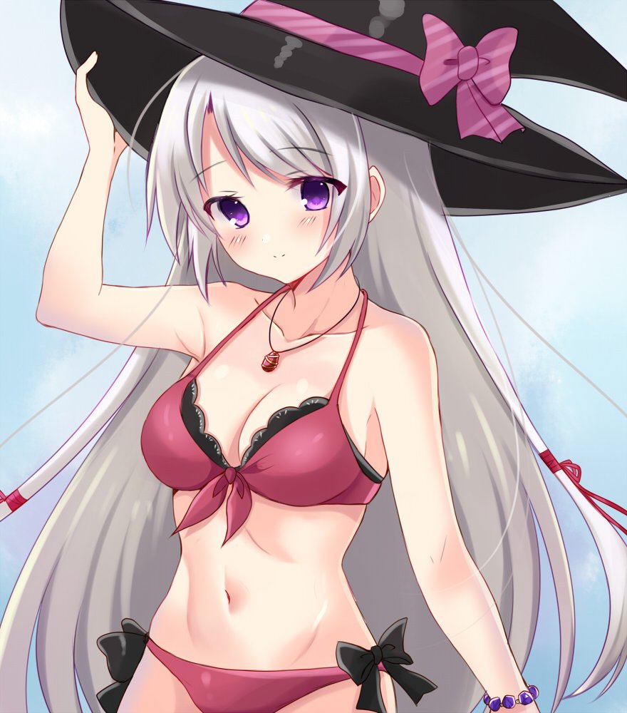 1girl alternate_costume arm_at_side arm_up ayachi_nene bikini black_bow black_headwear blue_background blush bow bow_bikini bracelet breasts cleavage closed_mouth collarbone commentary_request cowboy_shot curvy eyes_visible_through_hair frilled_bikini frills grey_hair hair_ribbon hat hat_bow jewelry large_breasts long_hair looking_at_viewer miyako_(mongcocoa) navel necklace pink_bow purple_eyes red_bikini red_ribbon ribbon sanoba_witch simple_background smile solo standing stomach straight_hair swept_bangs swimsuit very_long_hair witch_hat