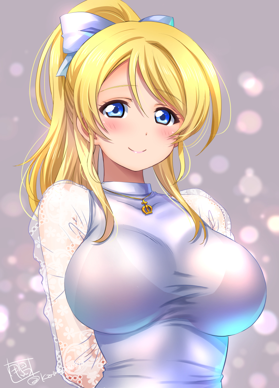 1girl ayase_eli black_bra blonde_hair blue_eyes blush bra breasts closed_mouth highres kamogawa_tanuki large_breasts long_hair looking_at_viewer love_live! love_live!_school_idol_project ponytail see-through see-through_shirt see-through_sleeves shirt smile solo underwear upper_body white_shirt