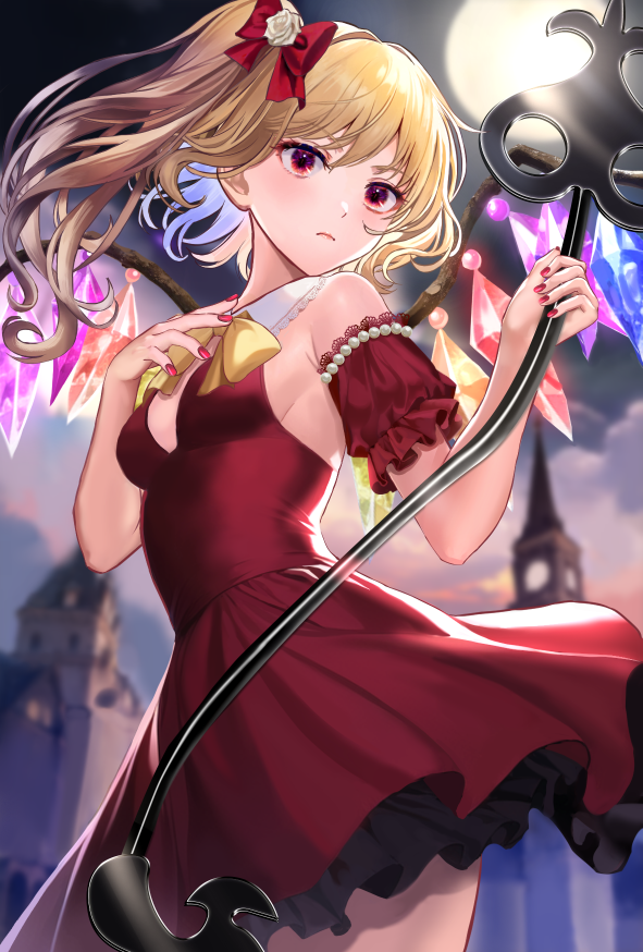 1girl alternate_costume backlighting blonde_hair crystal detached_sleeves dress flandre_scarlet holding holding_weapon laevatein_(touhou) one_side_up outdoors puffy_short_sleeves puffy_sleeves red_dress scarlet_devil_mansion short_hair short_hair_with_long_locks short_sleeves solo sun touhou uemura_shun weapon wings