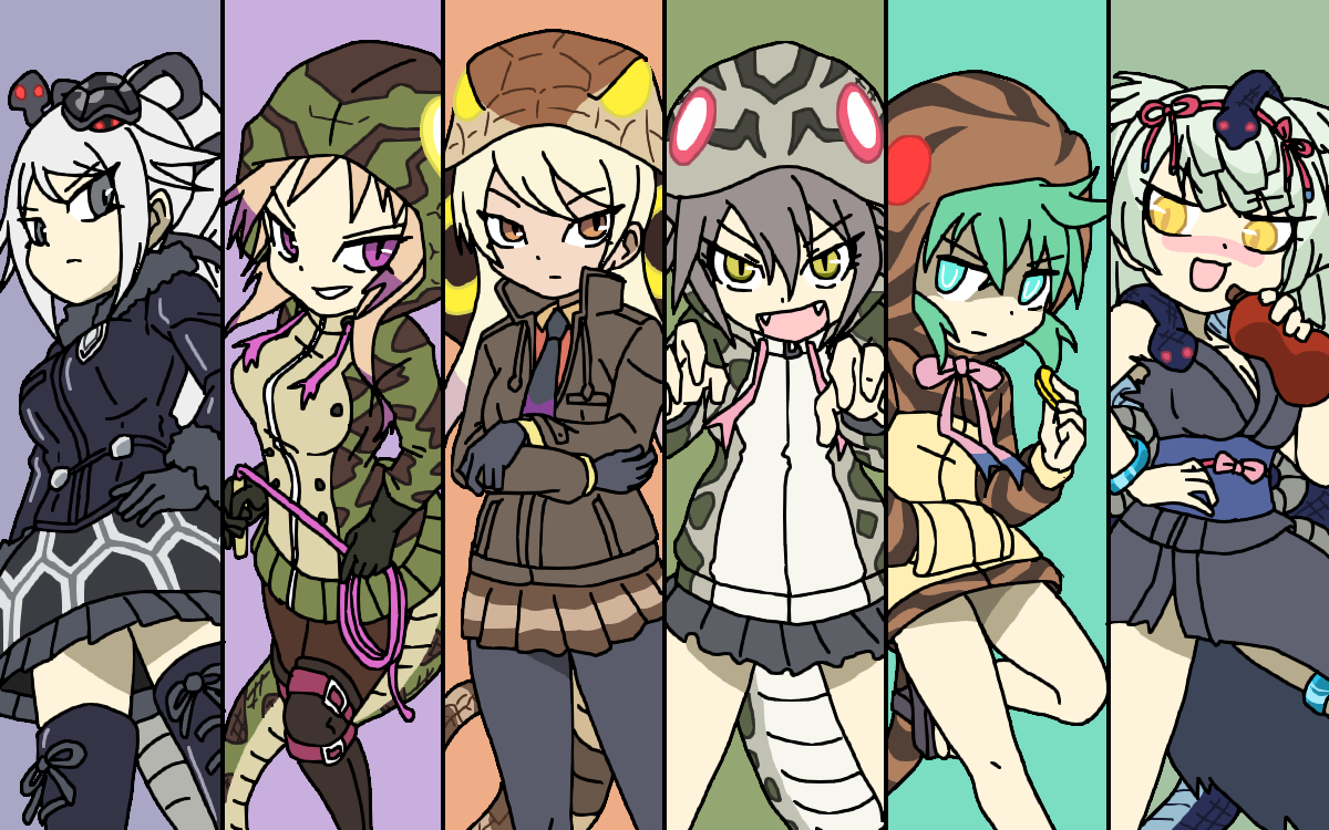 6+girls african_rock_python_(kemono_friends) animal_hood animal_print bare_legs blonde_hair blue_eyes blush boots breasts brown_eyes chibi cleavage closed_mouth coin collared_jacket crossed_arms detached_hood double-parted_bangs drawstring fangs genbu_(kemono_friends) geta gloves gourd green_hair grey_eyes grey_hair hair_between_eyes hand_in_pocket hand_on_own_hip hand_up hands_up high_ponytail holding holding_coin holding_gourd holding_whip hood hood_up hooded_jacket jacket japanese_clothes kemono_friends king_cobra_(kemono_friends) legs_apart long_sleeves looking_at_viewer miniskirt multicolored_hair multiple_girls necktie nose_blush okinawa_habu_(kemono_friends) open_mouth pantyhose parted_bangs partially_shaded_face print_jacket purple_eyes purple_hair simple_background skirt sleeveless slit_pupils smile snake snake_hood snake_print snake_tail srd_(srdsrd01) standing tail tan thigh_boots tsuchinoko_(kemono_friends) turtle two-tone_hair v-shaped_eyebrows whip yamata_no_orochi_(kemono_friends) yellow_eyes zettai_ryouiki zipper