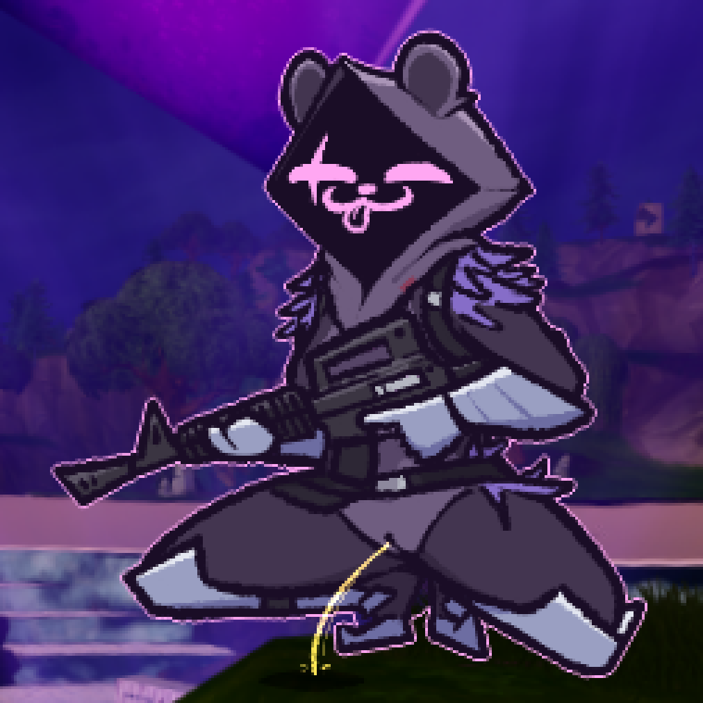 anthro bear bodily_fluids breasts clothed clothing crouching digital_media_(artwork) epic_games eye_scar facial_scar female female/female fortnite fur genital_fluids genitals gun holding_gun holding_object holding_weapon looking_at_viewer mammal nude outside peeing purple_body pussy ranged_weapon raven_team_leader scar smile smug solo tongue urine watersports weapon wendigoop