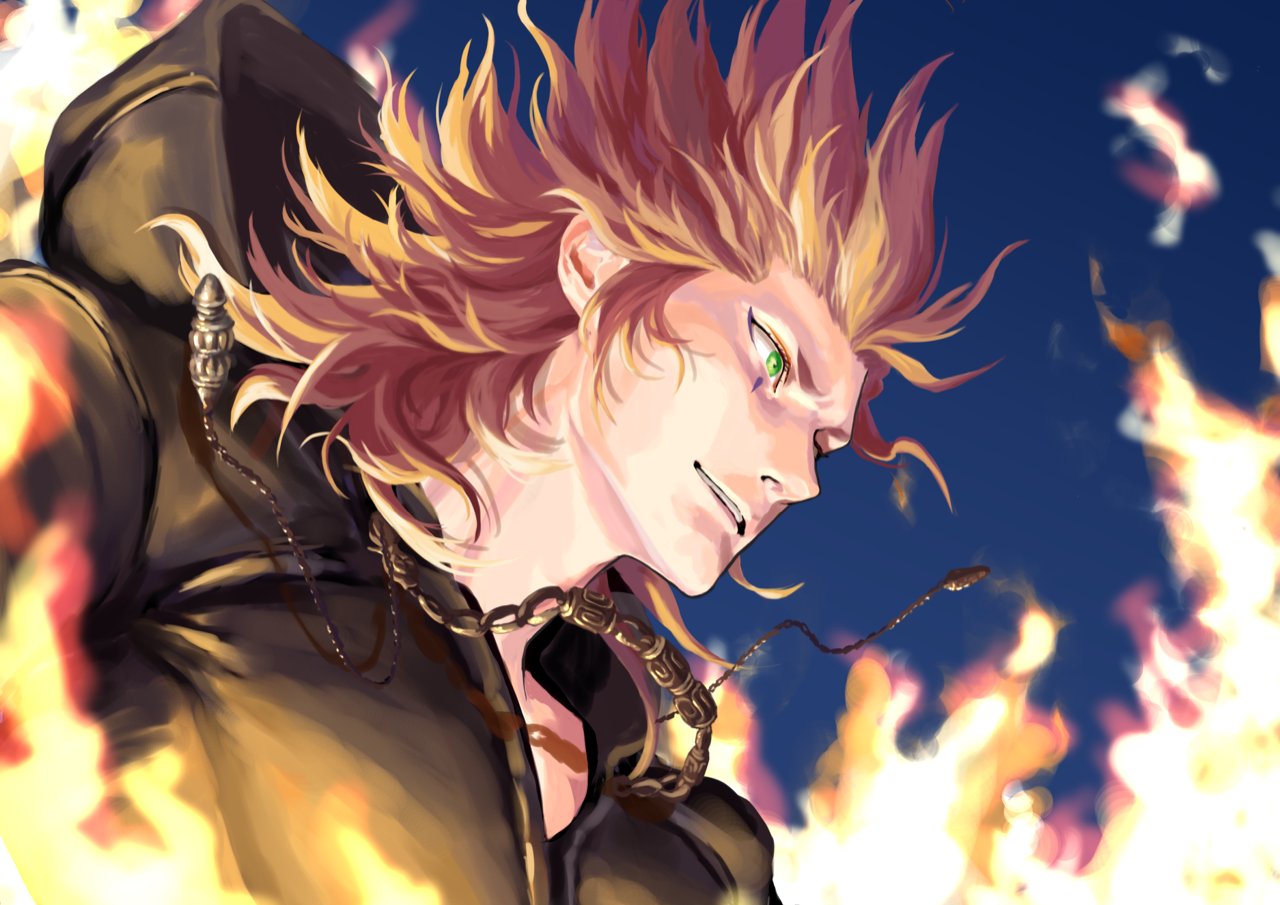 1boy axel_(kingdom_hearts) black_robe blue_background facial_mark facing_to_the_side fire flame furrowed_brow green_eyes hair_slicked_back hood hood_down hooded_robe jewelry kingdom_hearts kingdom_hearts_ii long_hair male_focus mukashino necklace parted_lips red_hair robe short_eyebrows sideburns solo upper_body