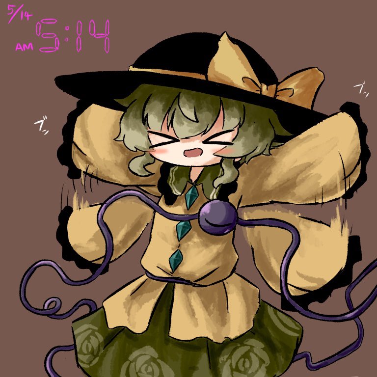 &gt;_&lt; 1girl black_headwear blush bow brown_background buttons closed_eyes cowboy_shot diamond_button flapping floral_print frilled_shirt_collar frills green_skirt heripantomorrow komeiji_koishi light_green_hair rose_print shirt skirt solo sound_effects third_eye touhou translation_request wide_sleeves yellow_bow yellow_shirt