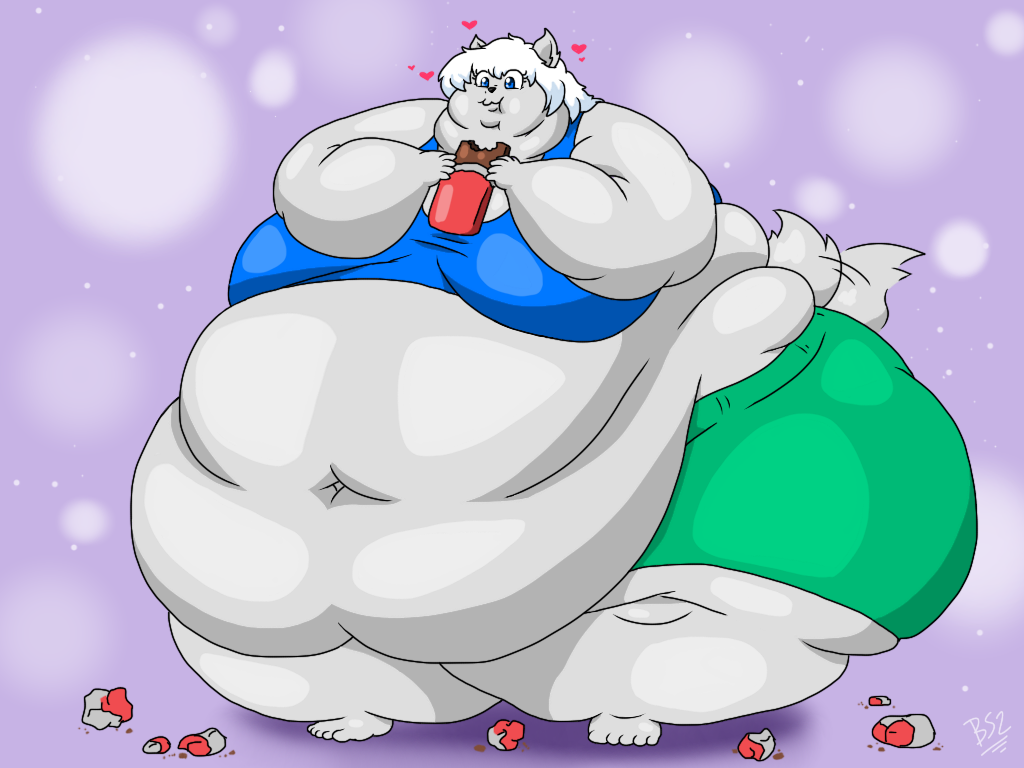 &lt;3 2018 4:3 5_fingers 5_toes anthro batspid2 belly big_belly big_breasts blue_eyes bottomwear breasts candy canid canine canis cel_shading chocolate clothing crop_top dessert eating eyelashes feet female fingers flabby_arms food full-length_portrait gl_(glwuffie) grey_body hair huge_thighs mammal morbidly_obese morbidly_obese_anthro morbidly_obese_female motion_lines navel obese obese_anthro obese_female overweight overweight_anthro overweight_female portrait shaded shirt shorts signature solo standing tail tail_motion tail_tuft tailwag thick_thighs toes topwear trash tuft white_hair wide_hips wolf