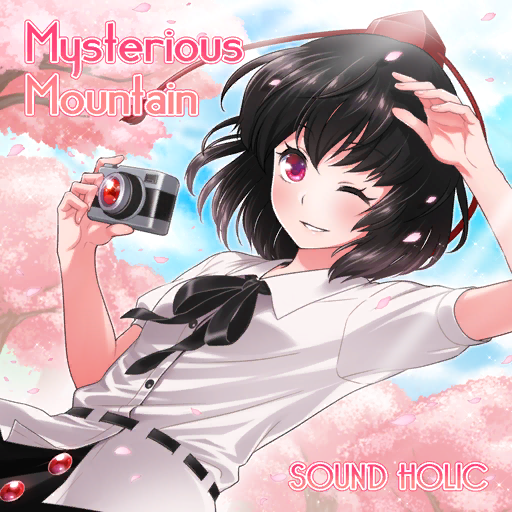 1girl agemono album_cover black_bow black_bowtie black_hair black_skirt blue_sky bow bowtie buttons camera cherry_blossoms cloud collared_shirt cover day dutch_angle english_text eyelashes fingernails game_cg hand_on_own_head hat holding holding_camera light_blush official_art outdoors parted_lips petals red_eyes red_headwear ribbon-trimmed_shirt shameimaru_aya shirt short_hair short_sleeves skirt sky smile solo sound_holic sunlight tassel_hat_ornament teeth tokin_hat touhou touhou_cannonball upper_body white_shirt