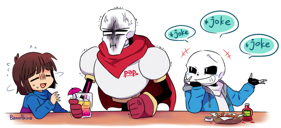 1other 2boys anger_vein bano_akira black_gloves blue_sweater brown_hair closed_eyes cup fingerless_gloves food french_fries frisk_(undertale) gloves holding holding_cup ketchup_bottle long_sleeves multiple_boys open_mouth papyrus_(undertale) plate red_gloves red_scarf sans scarf shaded_face short_hair simple_background skeleton smile sweater table undertale white_background