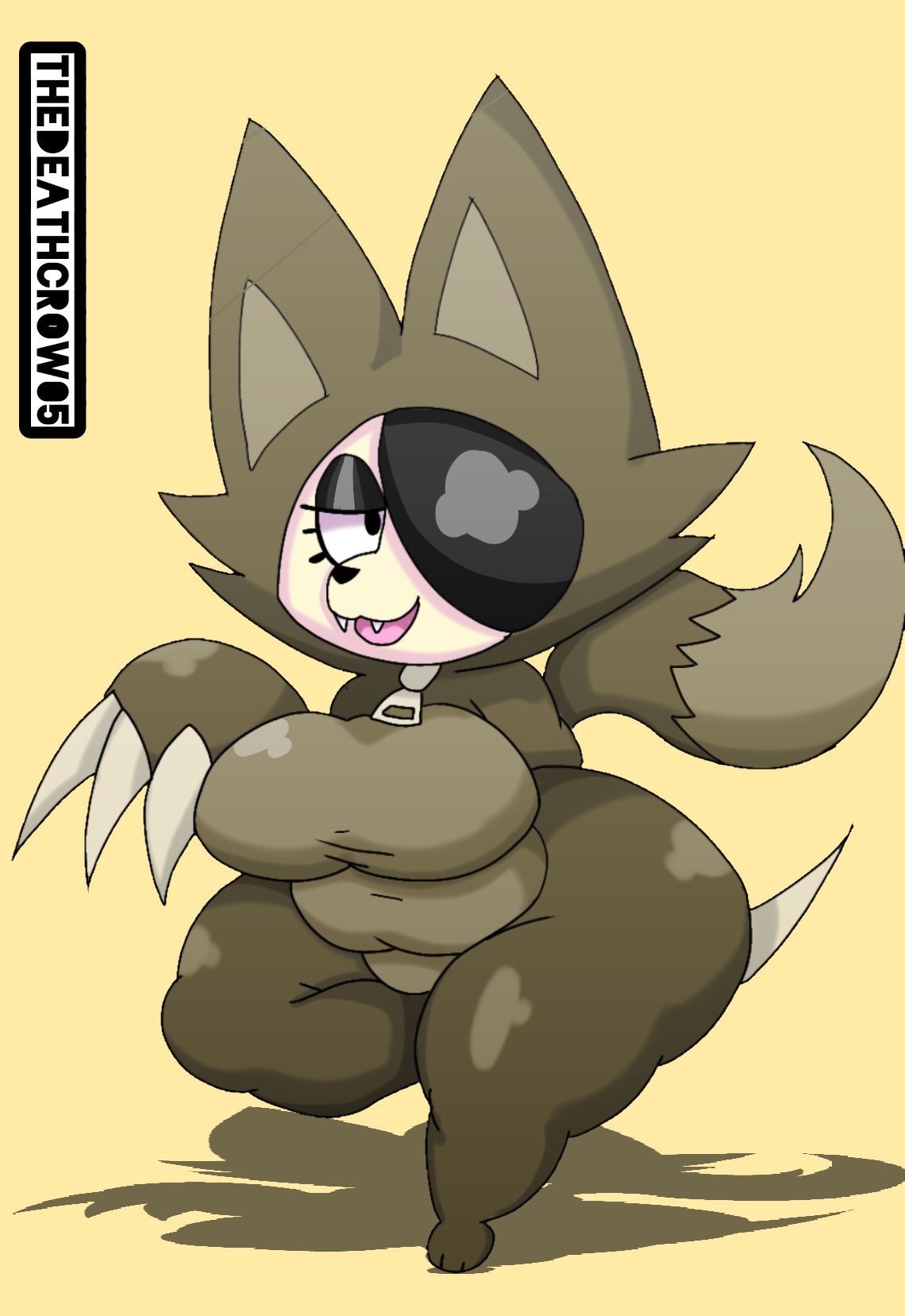 anthro black_hair breasts canid canine canis chikn_nuggit claws clothing cofi_(chikn_nuggit) cosplay costume domestic_dog female hair hi_res lilith_(thedeathcrow05) mammal one_eye_obstructed simple_background solo tail thedeathcrow05 wolf_costume yellow_background yellow_body