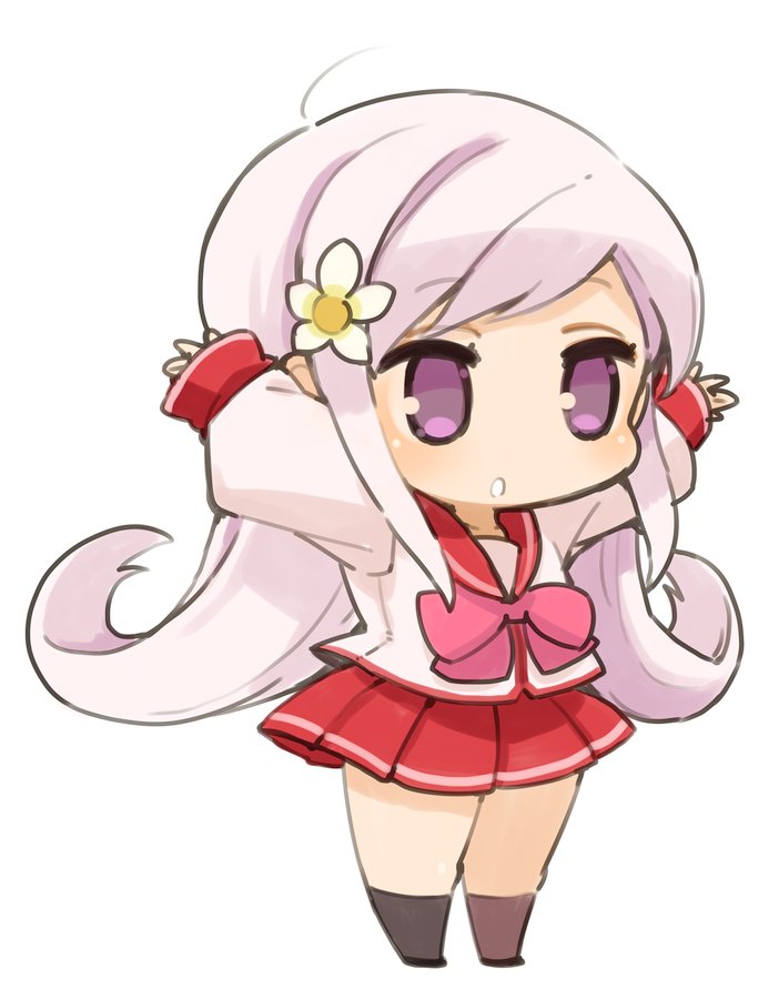 1girl arms_up chibi flower full_body hair_flower hair_ornament long_hair lucy_maria_misora mota purple_eyes purple_hair school_uniform simple_background skirt solo to_heart_2 white_background