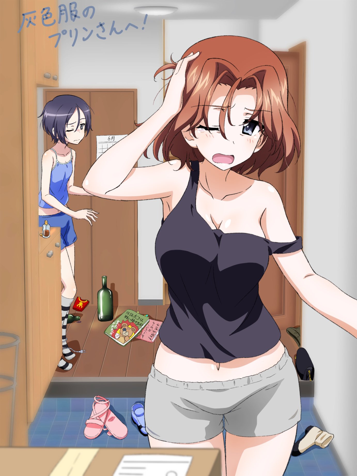 2girls azumi_(girls_und_panzer) black_shirt blue_eyes blue_hair blue_shorts blush breasts brown_hair collarbone girls_und_panzer grey_shorts highres indoors key_(gaigaigai123) large_breasts looking_at_viewer multiple_girls navel one_eye_closed open_mouth rumi_(girls_und_panzer) shirt short_hair shorts small_breasts