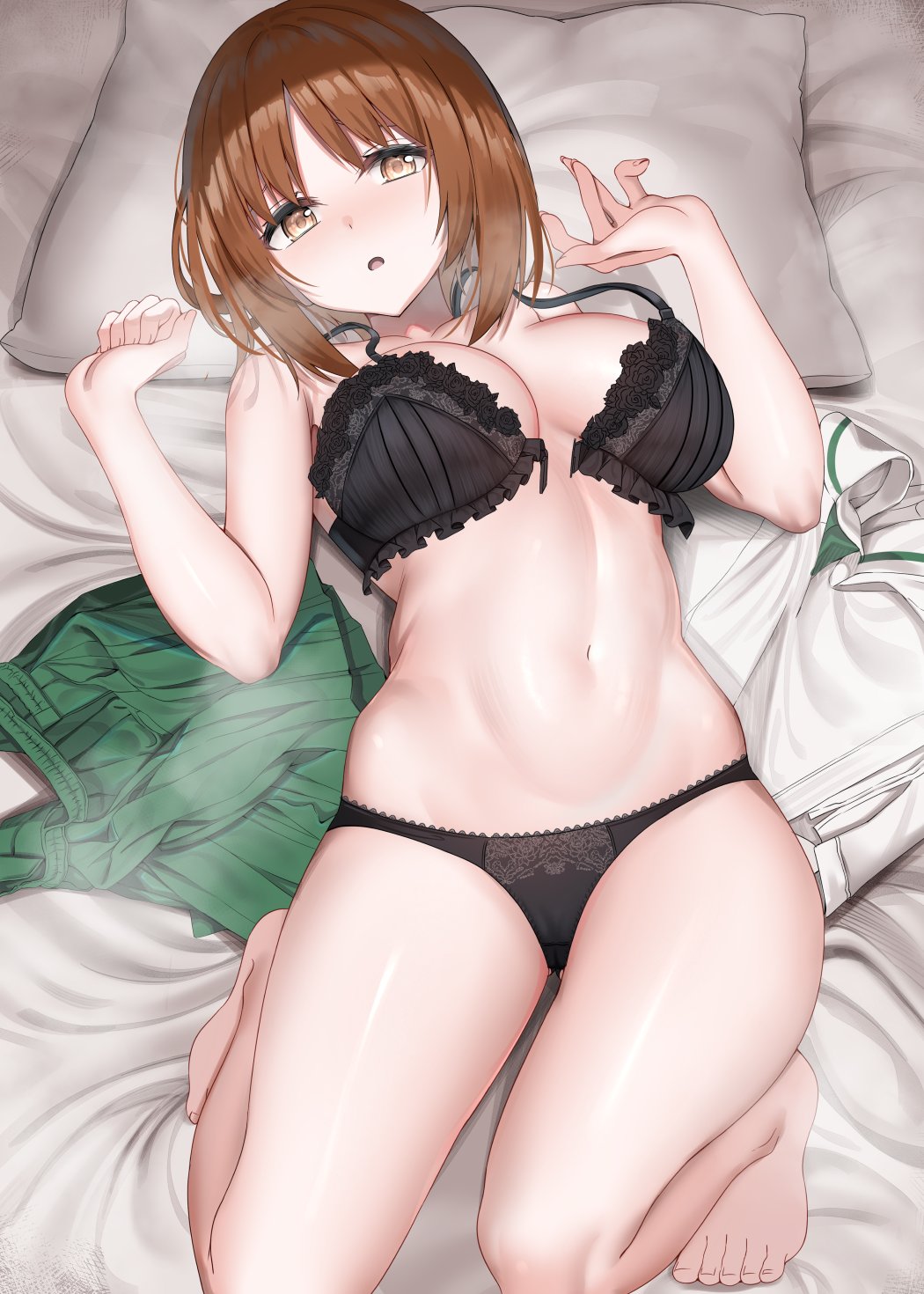 1girl :o barefoot bed_sheet black_bra black_panties bra breasts breath brown_eyes brown_hair commentary_request commission girls_und_panzer green_skirt hands_up highres kanikou looking_at_viewer lying medium_breasts navel nishizumi_miho on_back ooarai_school_uniform open_mouth panties pillow school_uniform shirt shirt_removed short_hair skeb_commission skirt skirt_removed solo stomach thighs unclasped underwear white_shirt