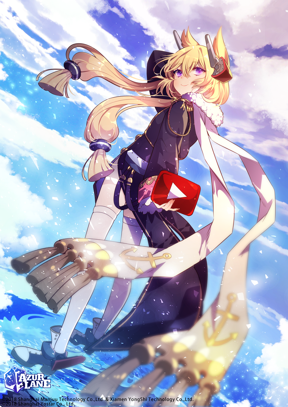 1girl azur_lane blonde_hair blush commission english_commentary floating_hair hair_between_eyes headgear hen-tie highres holding logo long_hair long_legs looking_at_viewer low_twintails official_art open_mouth purple_eyes rudder_footwear scarf shoes sidelocks smile solo standing standing_on_liquid thighhighs twintails warspite_(azur_lane) watermark white_scarf white_thighhighs yostar youtube youtube_logo