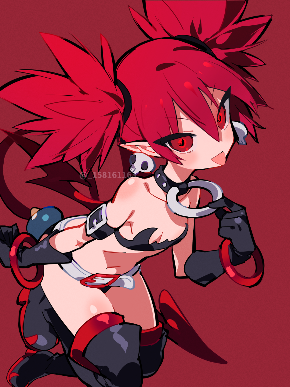 1girl :p black_collar black_gloves black_thighhighs breasts cleavage collar commentary disgaea earrings etna_(disgaea) gloves highres jewelry long_hair looking_at_viewer makai_senki_disgaea navel red_background red_eyes red_hair short_hair simple_background skull_earrings smile solo suzu_i thighhighs thighs tongue tongue_out twintails twitter_username