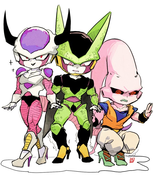 3boys @_@ akame_(chokydaum) arthropod_boy black_sclera black_underwear cell_(dragon_ball) chibi collarbone colored_sclera colored_skin dragon_ball dragon_ball_z frieza high_heels horns insect_wings looking_at_viewer looking_down majin_buu multiple_boys open_mouth pink_skin red_eyes smile super_buu wings