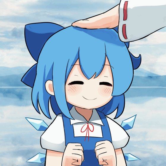 2girls animated animated_gif blue_bow blue_hair bow cirno closed_eyes closed_mouth ferdy's_lab hair_bow hakurei_reimu headpat ice ice_wings looping_animation multiple_girls outdoors short_hair short_sleeves smile solo_focus touhou upper_body wings