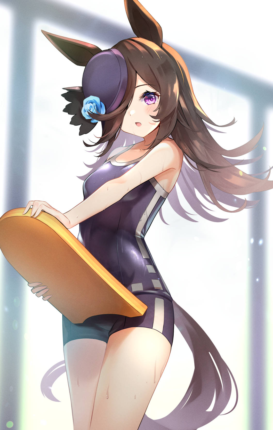 1girl animal_ears bare_shoulders blue_flower blue_rose blurry blurry_background blush breasts brown_hair cowboy_shot flower hair_over_one_eye hat highres holding_kickboard horse_ears horse_girl horse_tail kickboard lens_flare long_hair looking_at_viewer meyamu one-piece_swimsuit open_mouth purple_eyes purple_headwear rice_shower_(umamusume) rose school_swimsuit small_breasts solo standing swimsuit tail tracen_swimsuit umamusume wet