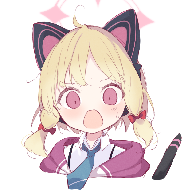 1girl ahoge animal_ear_headphones animal_ears blonde_hair blue_archive blue_necktie blush bow cat_ear_headphones cat_tail collared_shirt cropped_shoulders fake_animal_ears hair_bow halo headphones kyuukon_(qkonsan) momoi_(blue_archive) necktie open_mouth parted_bangs pink_eyes pink_halo red_bow shirt short_hair solo surprised suspenders sweatdrop tail tail_raised white_shirt wide-eyed