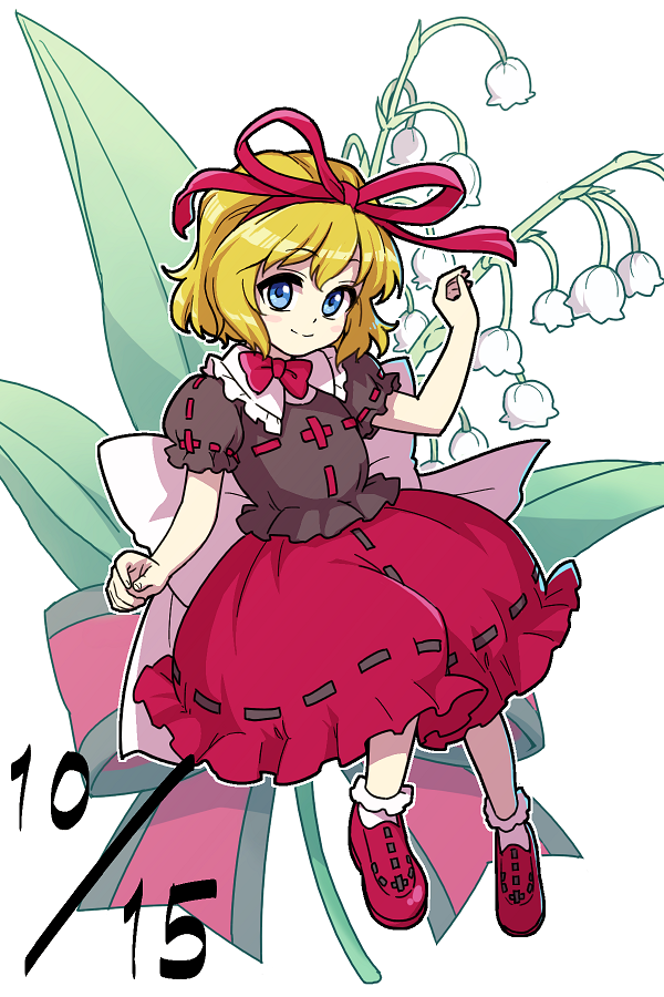 1girl black_shirt blonde_hair blue_eyes closed_mouth commentary dated flower full_body hair_ribbon itani_illust lily_of_the_valley looking_at_viewer medicine_melancholy red_footwear red_ribbon red_skirt ribbon shirt short_hair short_sleeves simple_background skirt smile socks solo touhou white_background white_socks