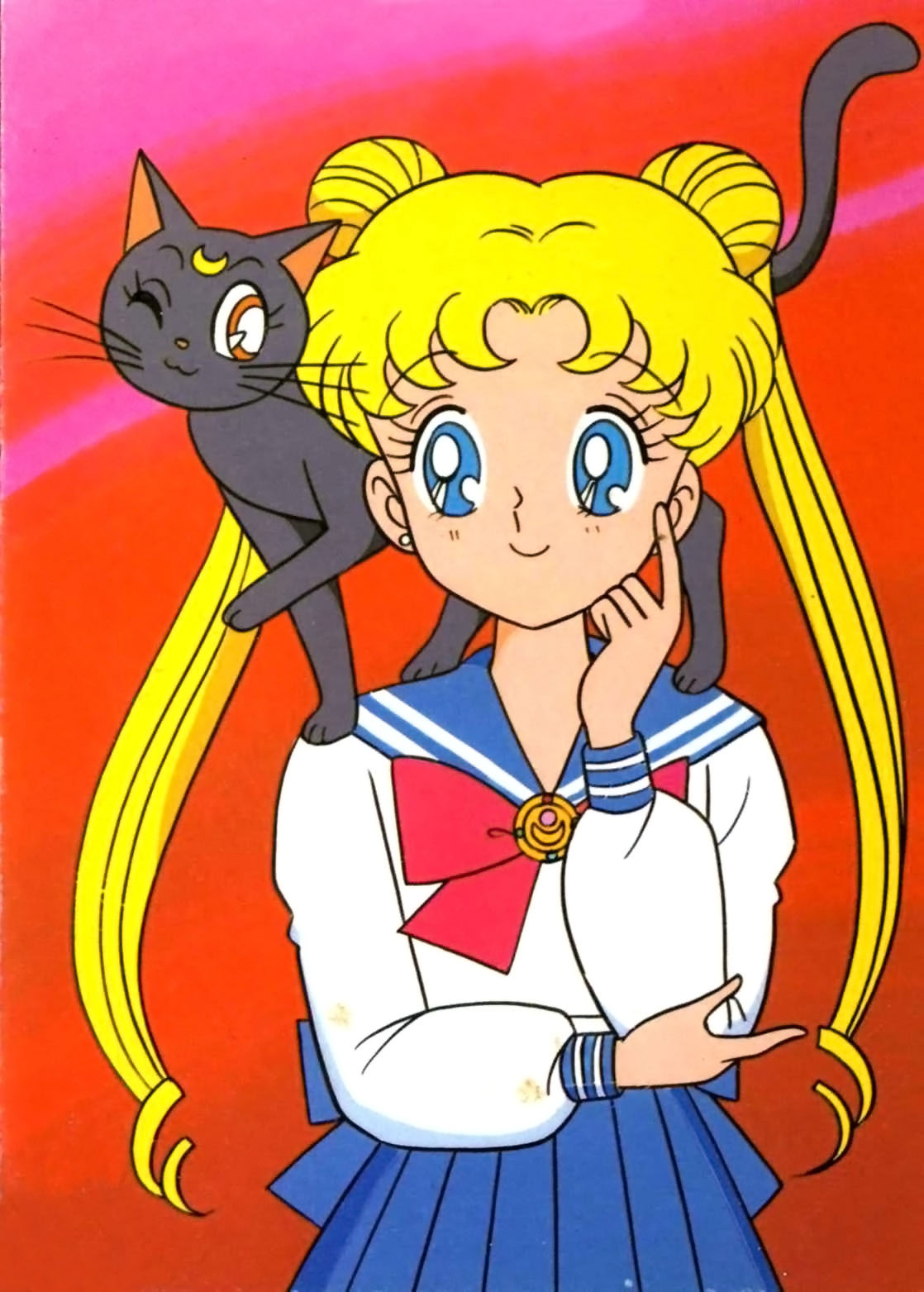 blonde_hair blue_eyes domestic_cat duo ear_piercing ear_ring felid feline felis female hair hi_res human luna_(sailor_moon) mammal official_art piercing red_background ring_piercing sailor_moon_(series) simple_background smile usagi_tsukino