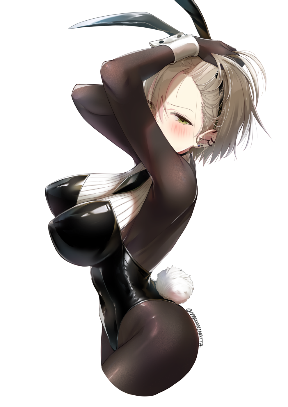 1girl animal_ears arms_up artist_name black_bodysuit black_hairband blush bodysuit bodysuit_under_clothes breasts brown_hair covered_navel cropped_legs ear_piercing earrings fake_animal_ears green_eyes hairband hand_in_own_hair heart heart_earrings highres jewelry large_breasts looking_at_viewer mappaninatta original piercing playboy_bunny rabbit_ears rabbit_tail shiny_clothes short_hair simple_background solo tail white_background wrist_cuffs