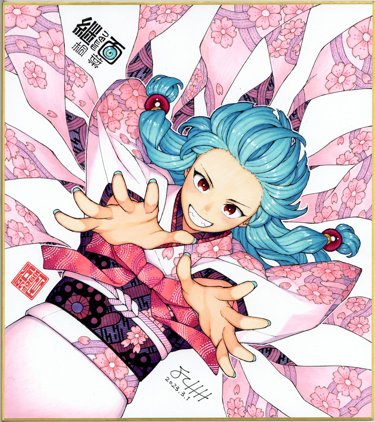 1girl beads blue_hair blue_nails character_name cherry_blossom_print commentary_request dated floral_print forehead foreshortening grin hair_beads hair_ornament hamada_yoshikazu highres japanese_clothes kimono kiriha_(tsugumomo) long_hair long_sleeves looking_at_viewer nail_polish obi official_art outstretched_arms print_kimono red_eyes sash shikishi signature simple_background smile solo teeth traditional_media tsugumomo white_background wide_sleeves