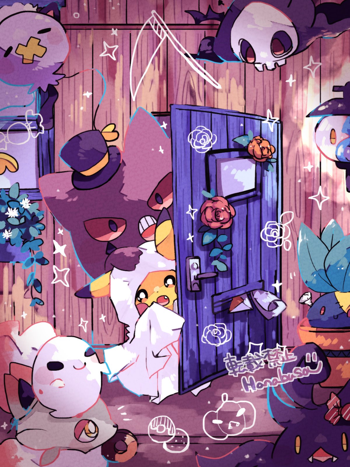 animal_focus artist_name bow bowtie candy closed_eyes colored_sclera colored_skin commentary_request doughnut drawing drifloon duskull fangs flower food gengar ghost ghost_costume grey_fur halloween halloween_costume hanabusaoekaki hat highres hisuian_zorua indoors lamp lampent leaf looking_at_viewer no_humans oddish open_mouth pikachu plant pokemon pokemon_(creature) potted_plant pumpkaboo pumpkin purple_skin rare_candy red_bow red_bowtie red_eyes red_sclera scythe skull sleeping smile solid_oval_eyes sparkle top_hat wooden_door yellow_eyes